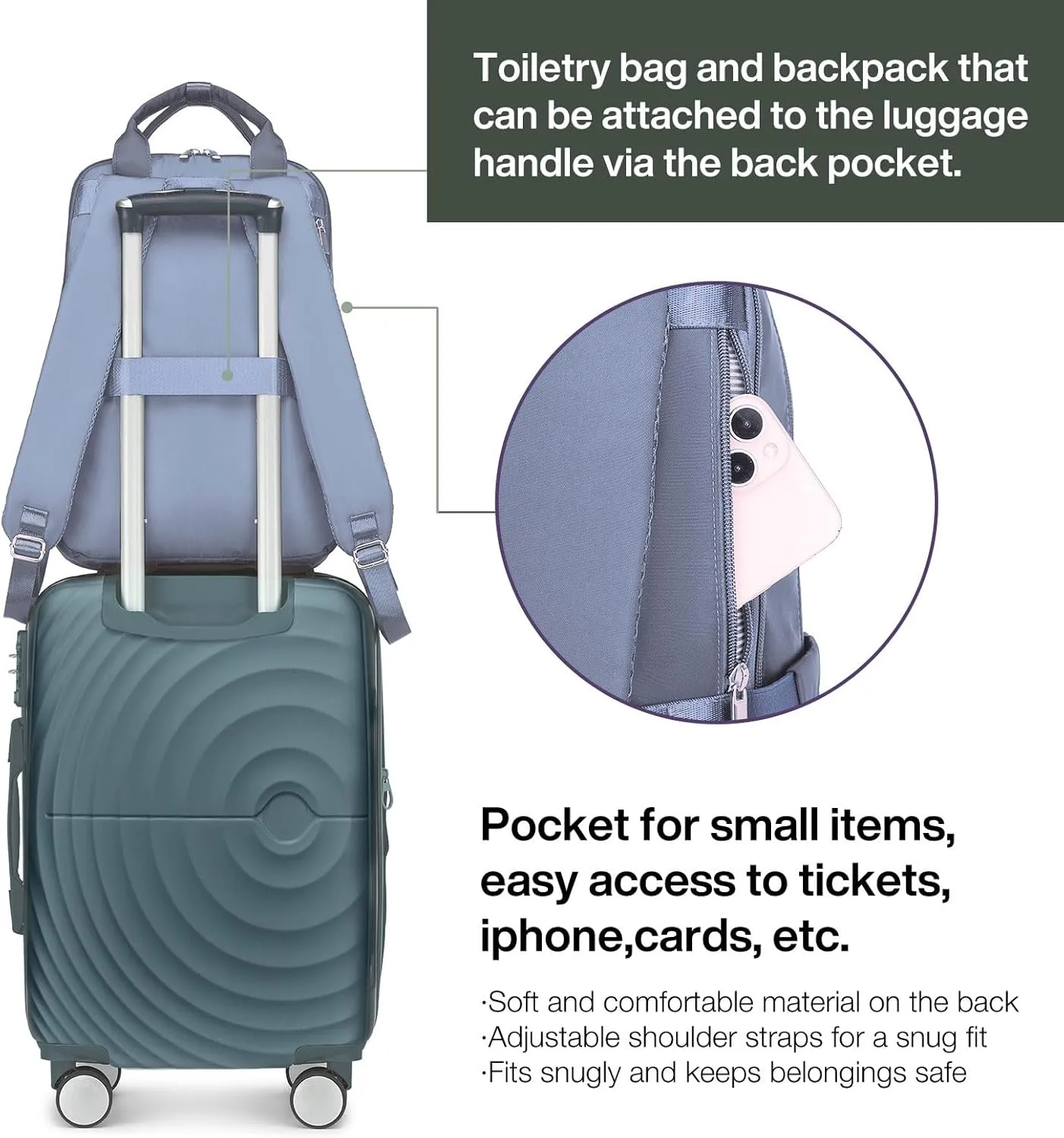 LARVENDER Luggage Sets 3 Piece, 20in Carry On Luggage, PP Hardshell Suitcase Set, Expandable Luggage with Spinner Wheels, Carry On Suitcase With Travel Backpack for Men Women(GREY GREEN/20/BP/TB)