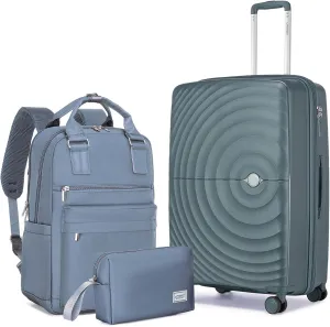 LARVENDER Luggage Sets 3 Piece, 20in Carry On Luggage, PP Hardshell Suitcase Set, Expandable Luggage with Spinner Wheels, Carry On Suitcase With Travel Backpack for Men Women(GREY GREEN/20/BP/TB)
