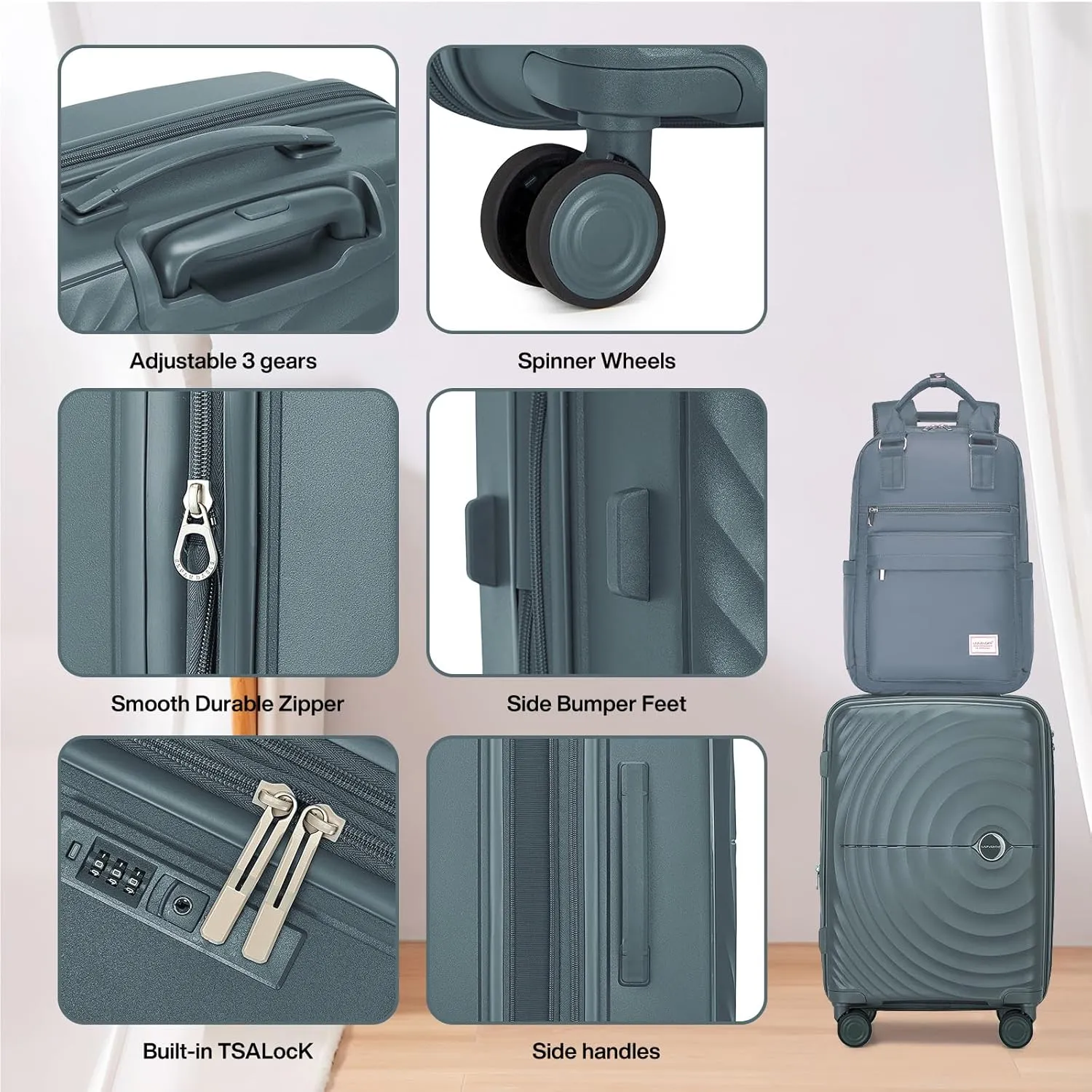 LARVENDER Luggage Sets 3 Piece, 20in Carry On Luggage, PP Hardshell Suitcase Set, Expandable Luggage with Spinner Wheels, Carry On Suitcase With Travel Backpack for Men Women(GREY GREEN/20/BP/TB)