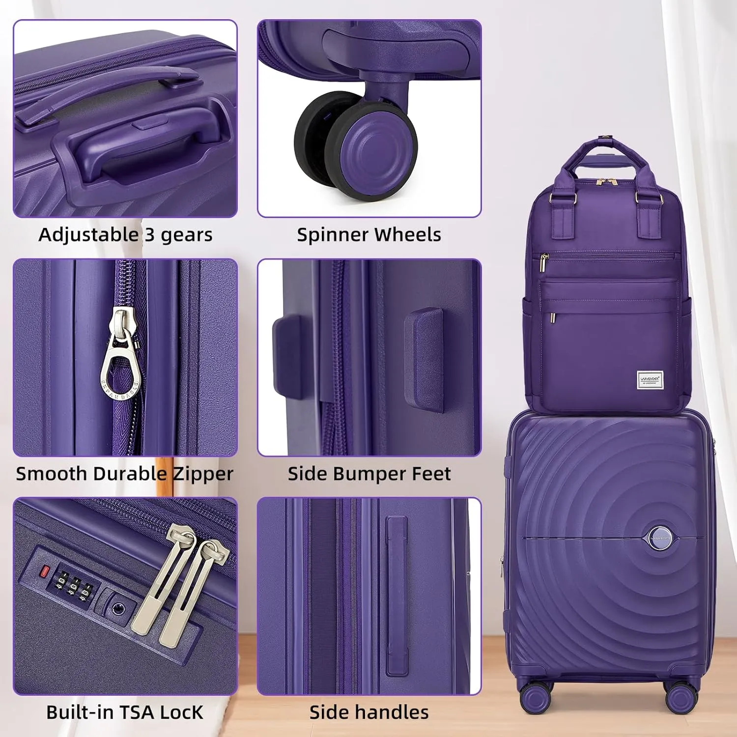 LARVENDER Luggage Sets 5 Piece, PP Hardshell Suitcase Set, Carry on Luggage Set, Large Suitcase with Spinner Wheels, Luggage Set with TSA Lock and Backpack for Men Women(GRAPE PURPLE/20/24/28/BP/TB)