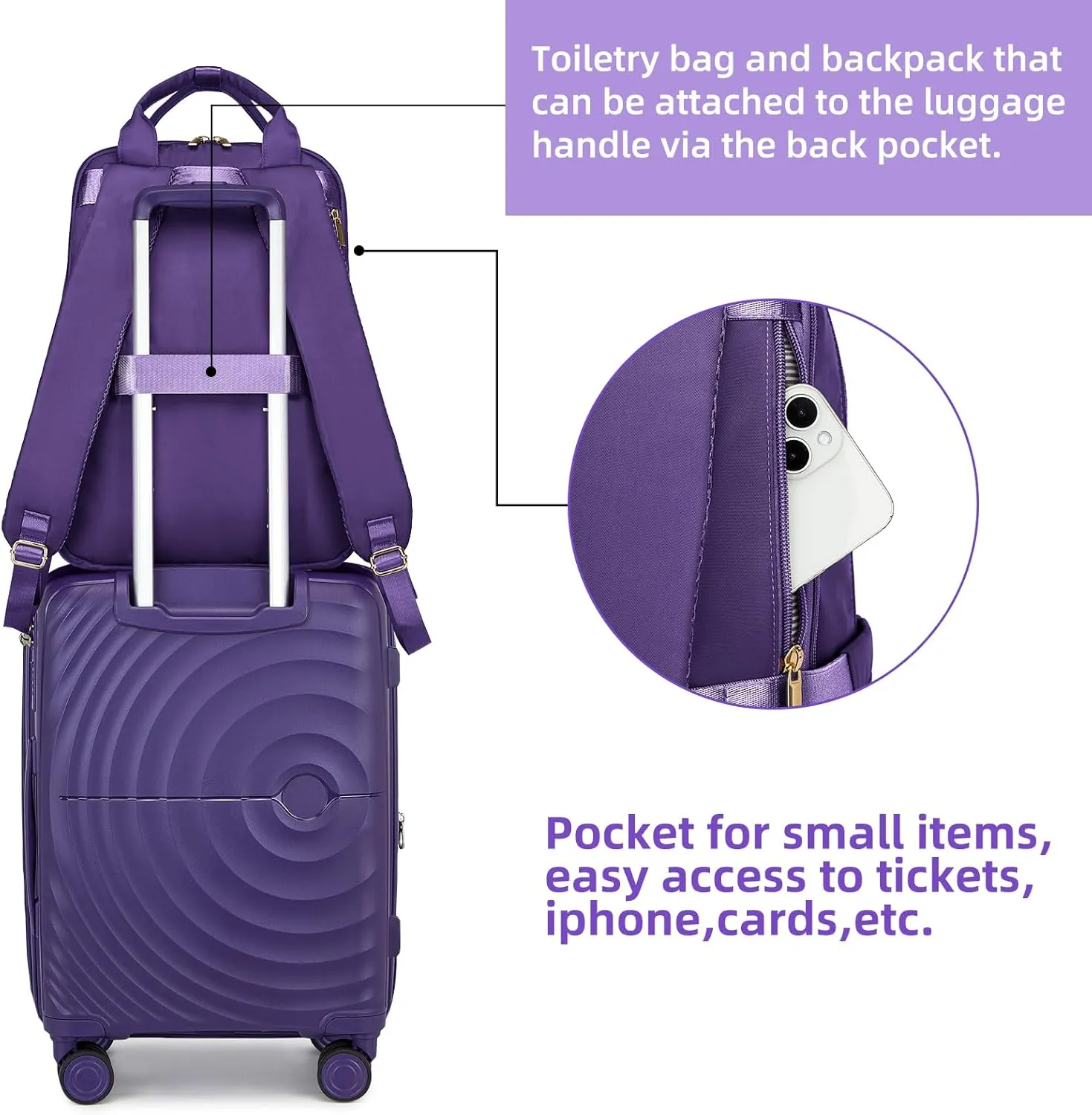 LARVENDER Luggage Sets 5 Piece, PP Hardshell Suitcase Set, Carry on Luggage Set, Large Suitcase with Spinner Wheels, Luggage Set with TSA Lock and Backpack for Men Women(GRAPE PURPLE/20/24/28/BP/TB)