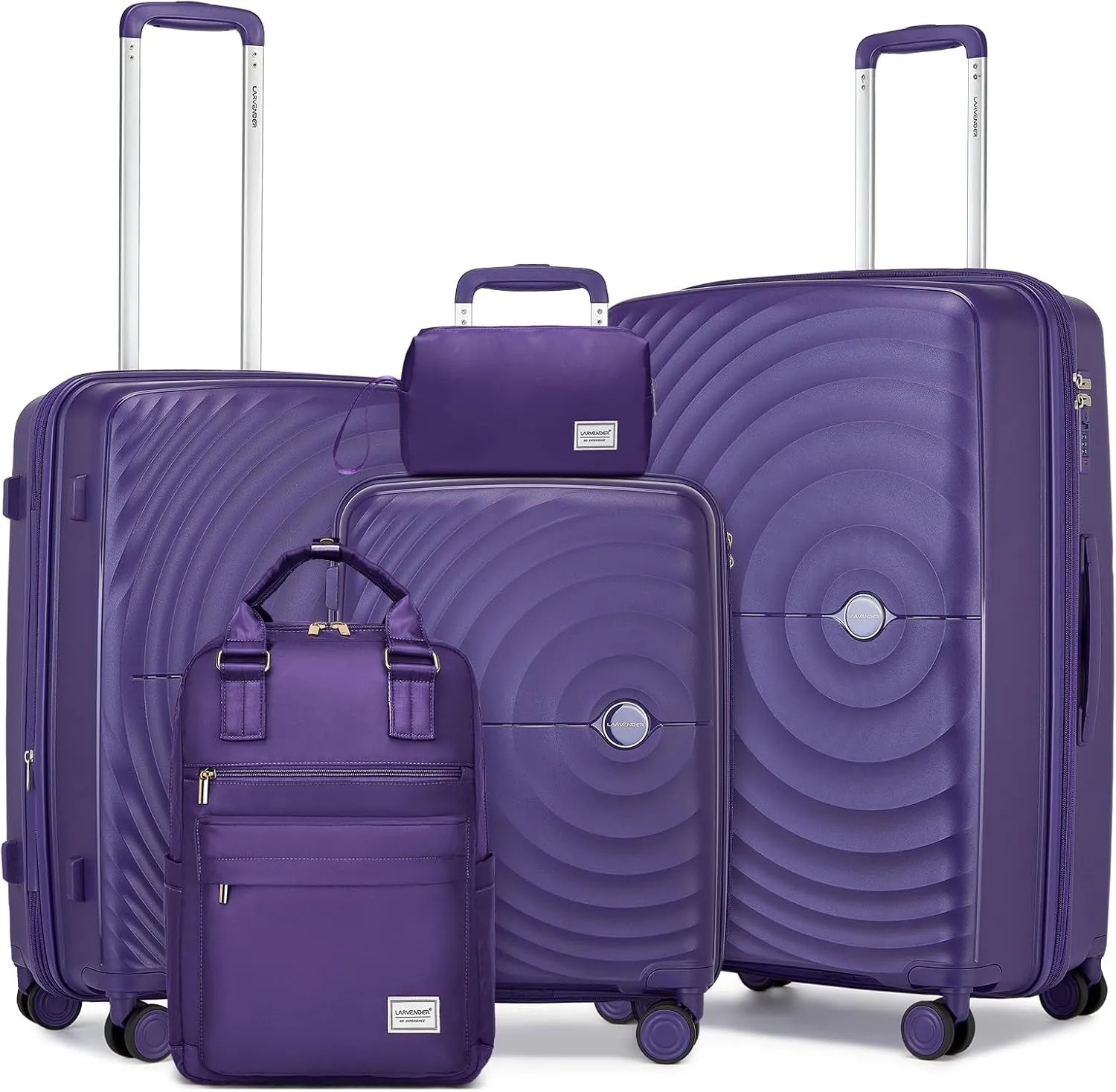 LARVENDER Luggage Sets 5 Piece, PP Hardshell Suitcase Set, Carry on Luggage Set, Large Suitcase with Spinner Wheels, Luggage Set with TSA Lock and Backpack for Men Women(GRAPE PURPLE/20/24/28/BP/TB)
