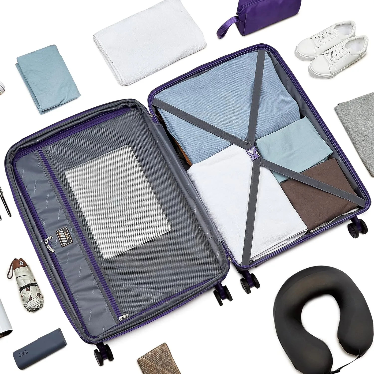 LARVENDER Luggage Sets 5 Piece, PP Hardshell Suitcase Set, Carry on Luggage Set, Large Suitcase with Spinner Wheels, Luggage Set with TSA Lock and Backpack for Men Women(GRAPE PURPLE/20/24/28/BP/TB)
