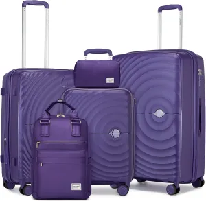 LARVENDER Luggage Sets 5 Piece, PP Hardshell Suitcase Set, Carry on Luggage Set, Large Suitcase with Spinner Wheels, Luggage Set with TSA Lock and Backpack for Men Women(GRAPE PURPLE/20/24/28/BP/TB)