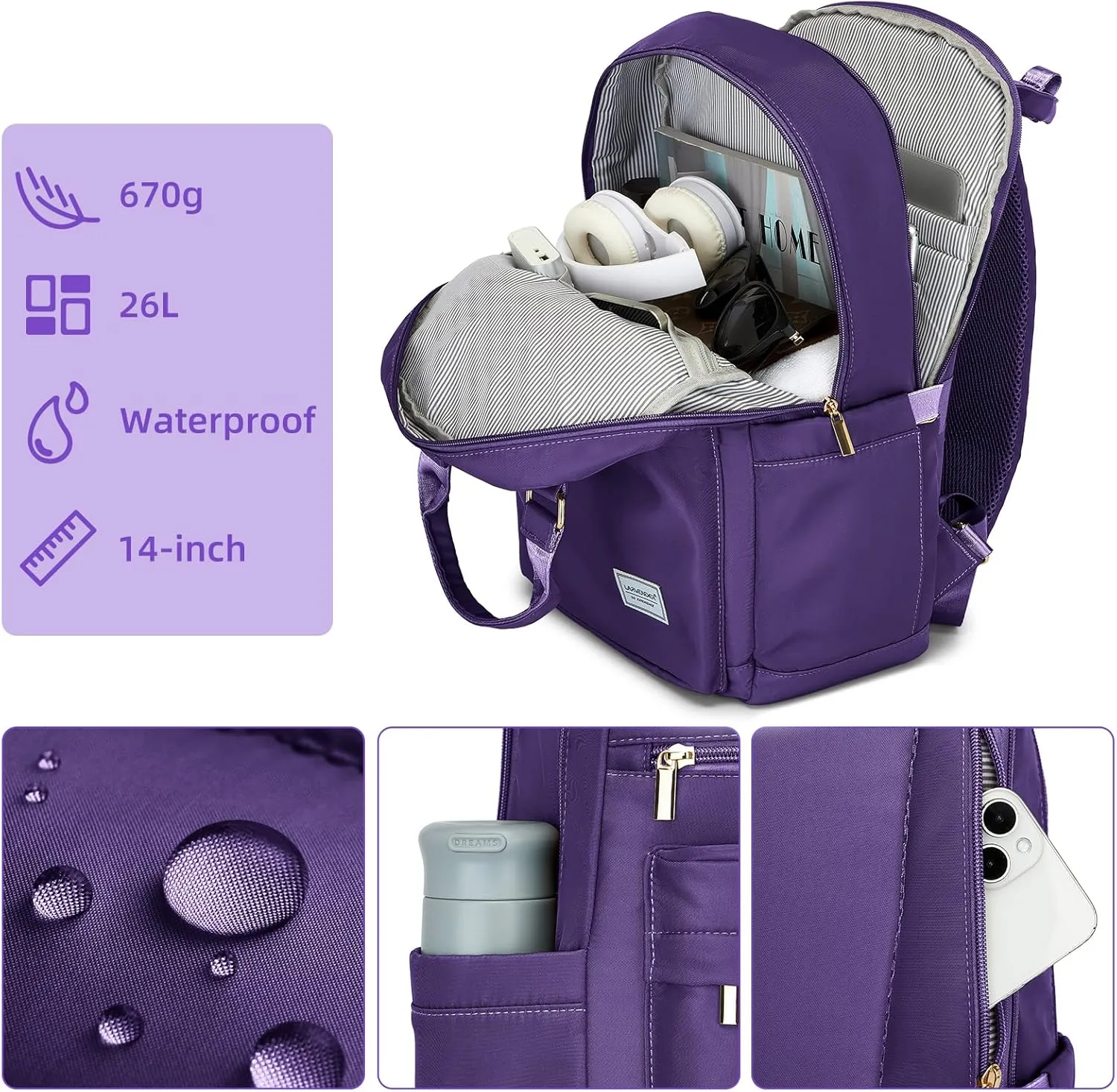 LARVENDER Luggage Sets 5 Piece, PP Hardshell Suitcase Set, Carry on Luggage Set, Large Suitcase with Spinner Wheels, Luggage Set with TSA Lock and Backpack for Men Women(GRAPE PURPLE/20/24/28/BP/TB)