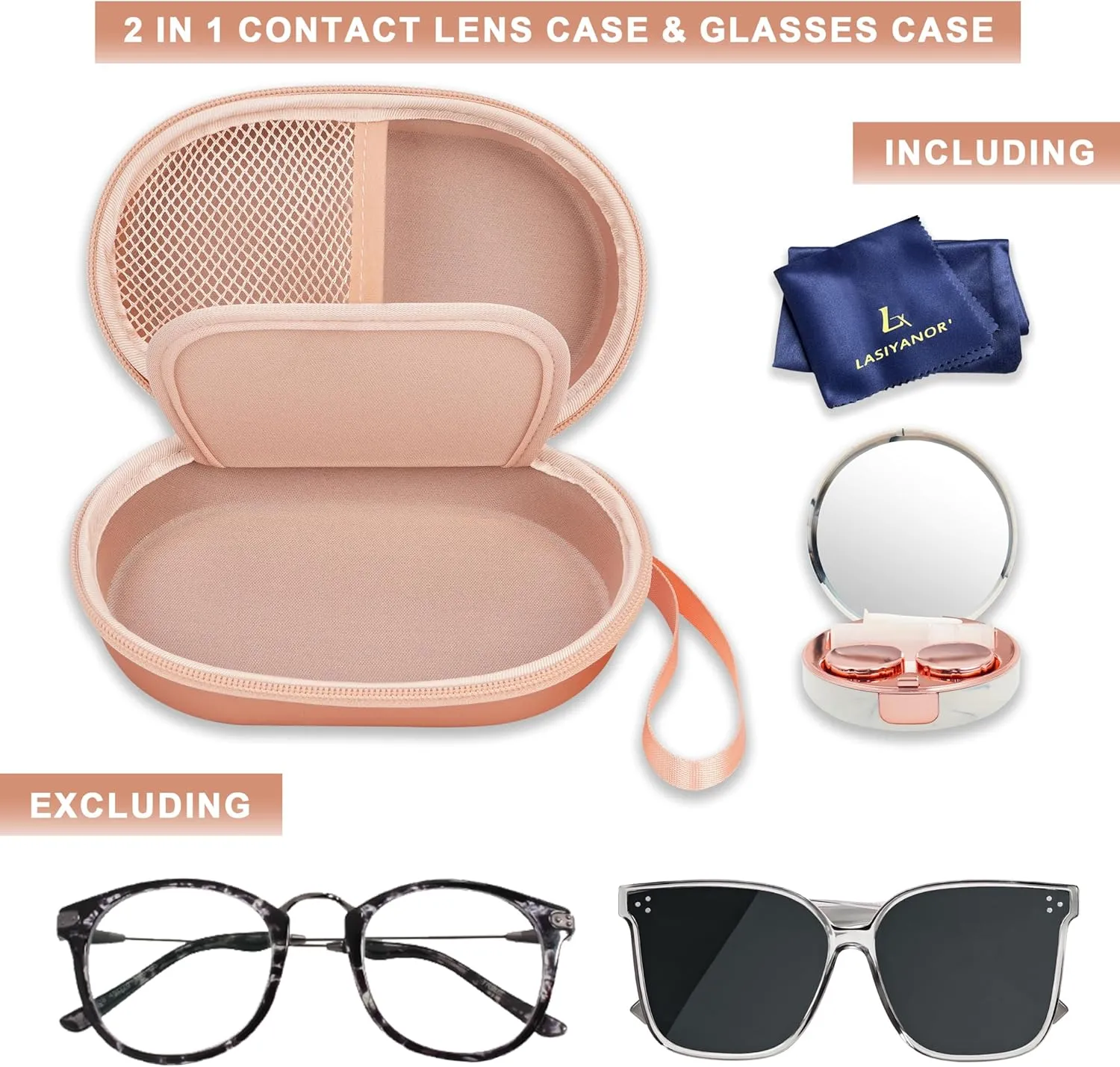 Lasiyanor 2 in 1 Contact Lens Case and Glasses Case, Portable Contact Box Bag with Mirror Tweezers Remover Tool Solution Bottle for Travel Daily Outdoor