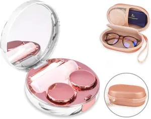 Lasiyanor 2 in 1 Contact Lens Case and Glasses Case, Portable Contact Box Bag with Mirror Tweezers Remover Tool Solution Bottle for Travel Daily Outdoor