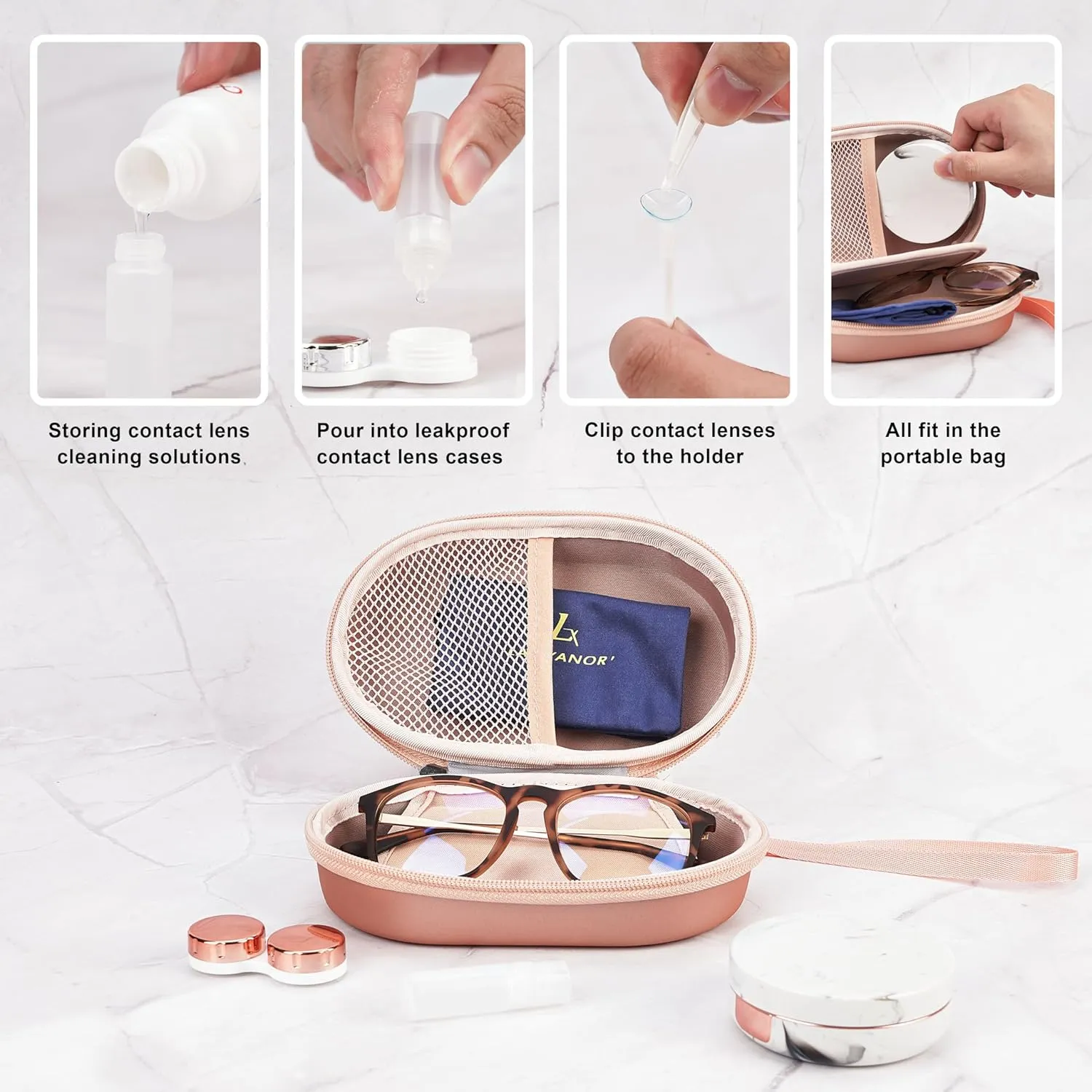 Lasiyanor 2 in 1 Contact Lens Case and Glasses Case, Portable Contact Box Bag with Mirror Tweezers Remover Tool Solution Bottle for Travel Daily Outdoor