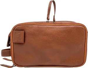 Leather Toiletry Bag for Men & Women - Travel Organizer Shaving Dopp Kit with Multiple Compartments & Hook for Easy Access - Water-Resistant Brown 11.5x7x3 Cosmetics Bag