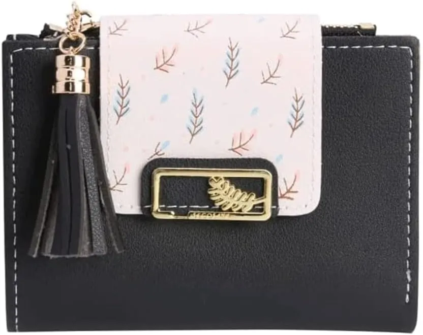 Leather Wallet Women's Pu Leather Wallet Short Mini Fringe Zipper Purse Clutch for Girls Slim Coin Pocket Large Capacity Card Holder Large Capacity (Bk,9.7x11.6cm)
