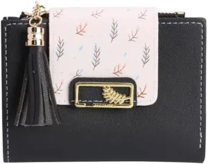 Leather Wallet Women's Pu Leather Wallet Short Mini Fringe Zipper Purse Clutch for Girls Slim Coin Pocket Large Capacity Card Holder Large Capacity (Bk,9.7x11.6cm)