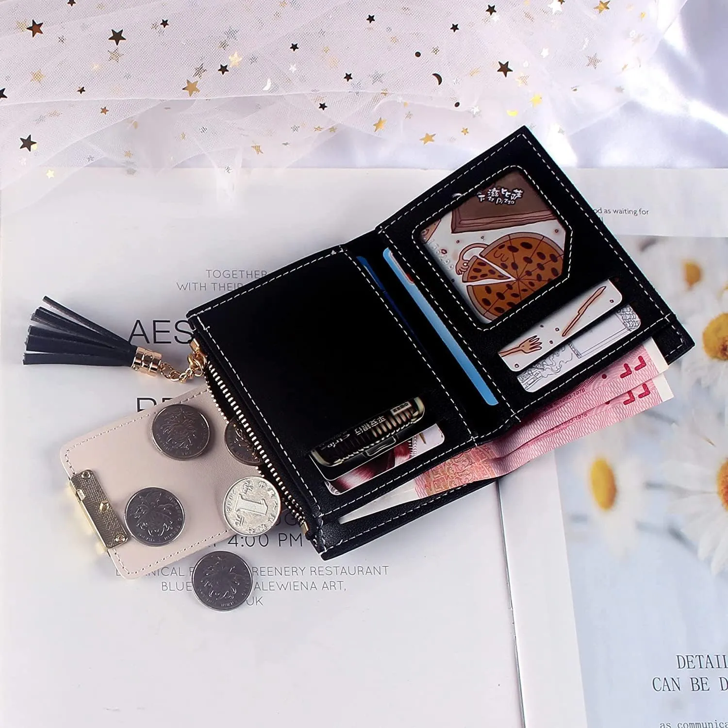 Leather Wallet Women's Pu Leather Wallet Short Mini Fringe Zipper Purse Clutch for Girls Slim Coin Pocket Large Capacity Card Holder Large Capacity (Pu,9.7x11.6cm)