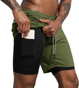Leidowei Men's 2 in 1 Workout Running Shorts Lightweight Training Yoga Gym 7" Short with Zipper Pockets
