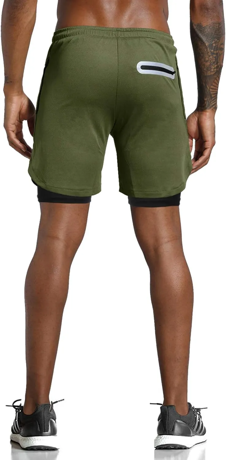 Leidowei Men's 2 in 1 Workout Running Shorts Lightweight Training Yoga Gym 7" Short with Zipper Pockets