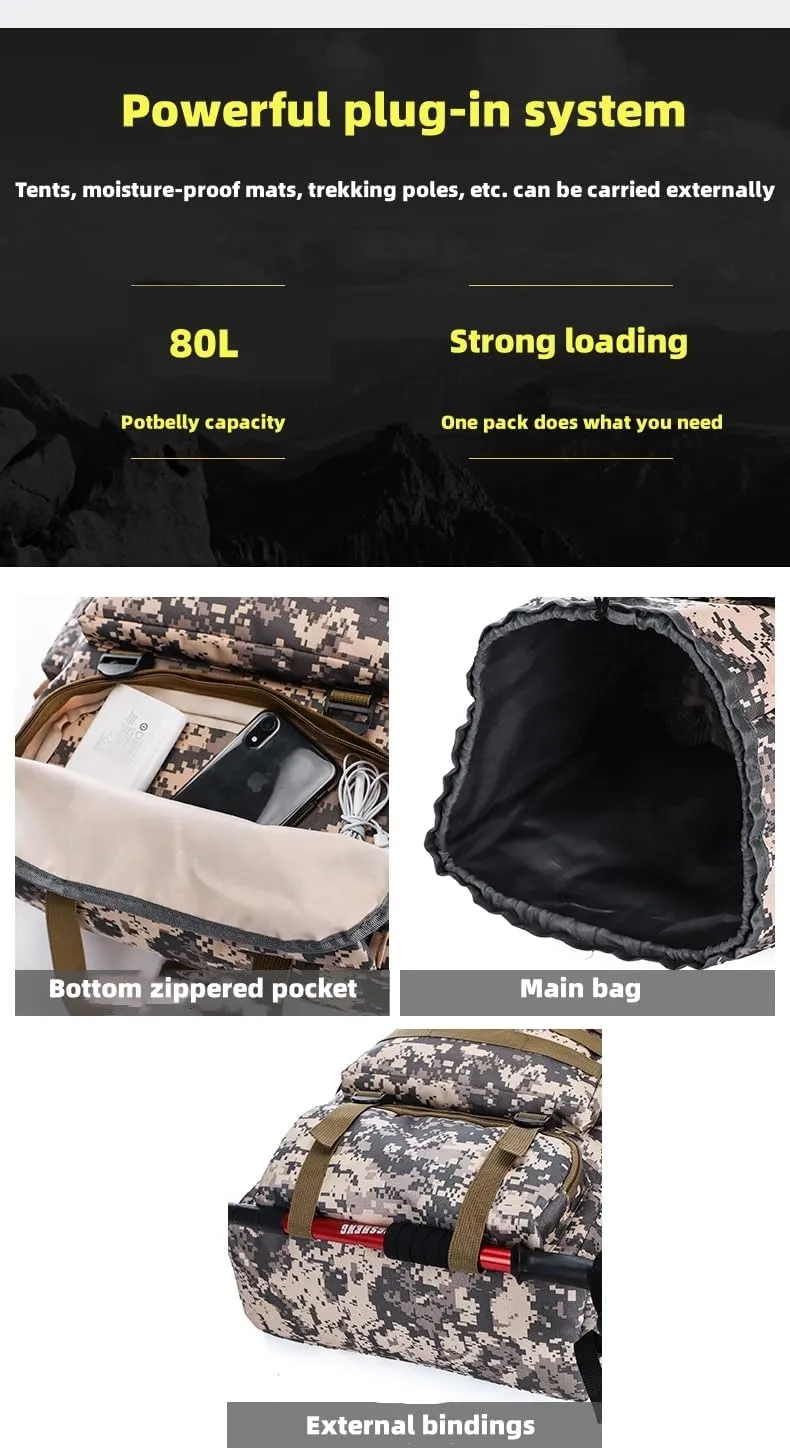 Leisure Travel Large Capacity 80L Waterproof Camouflage Mountaineering Bag Tactical Backpack Outdoor Sports Trekking Backpack (CP camouflage)