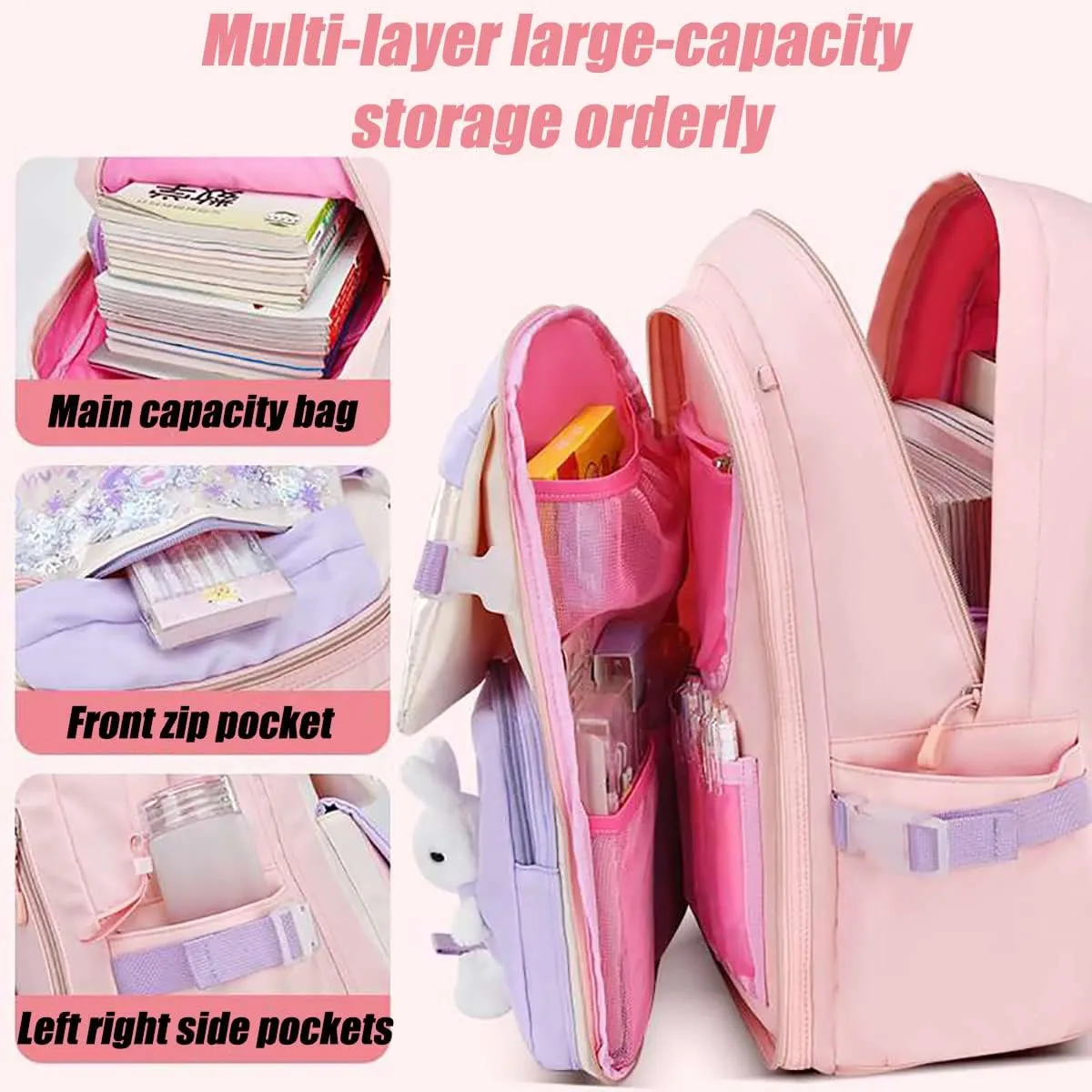 LELEBEAR Kawaii Backpack, Cute Bookbags With Kawaii Pin And Accessories (bunny backpack-Pink)