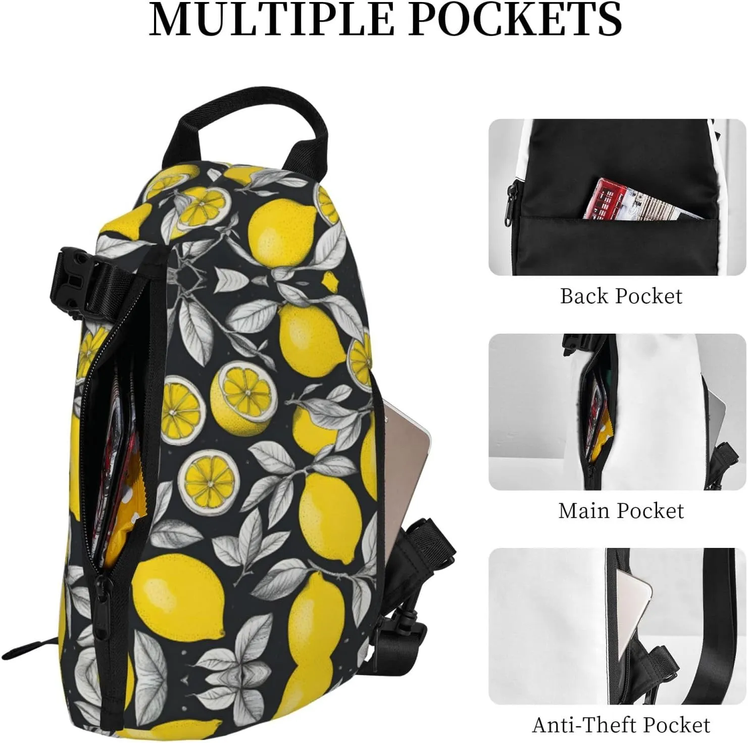 Lemon Fruit Pattern Print Crossbody Backpack Casual Adjustable Bag Multifunctional Sling Backpack