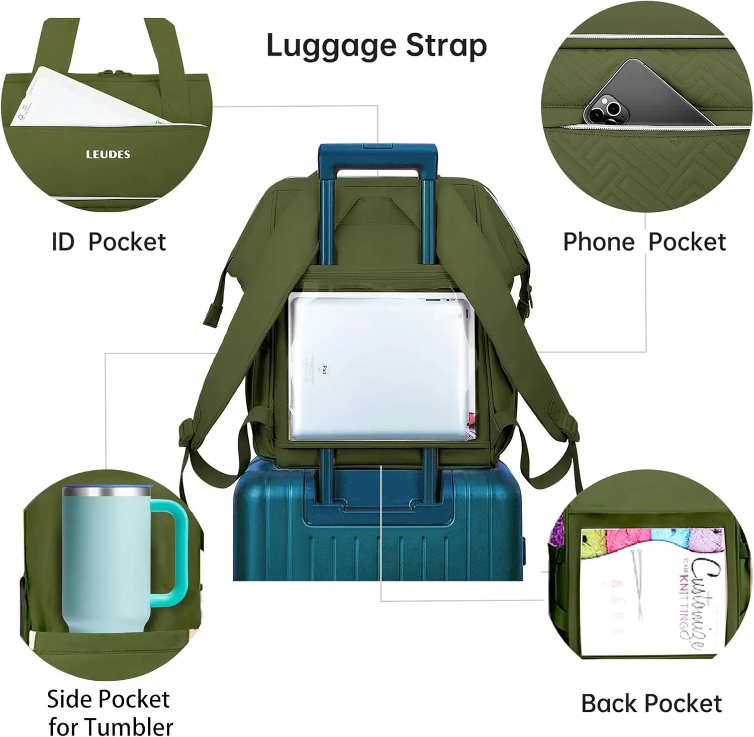 Leudes Knitting Bag Backpack, Yarn Storage Organizer Large Crochet Bag Tote Christmas Gift Yarn Holder Case for Carrying Projects, Knitting Needles (Upgraded Army Green)