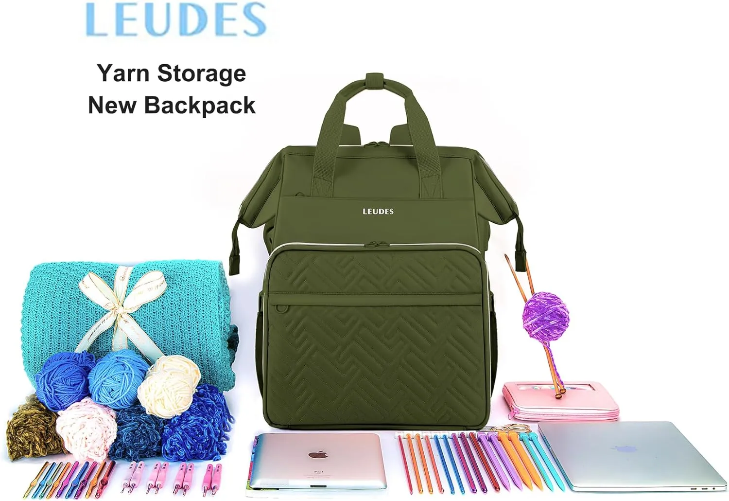Leudes Knitting Bag Backpack, Yarn Storage Organizer Large Crochet Bag Tote Christmas Gift Yarn Holder Case for Carrying Projects, Knitting Needles (Upgraded Army Green)