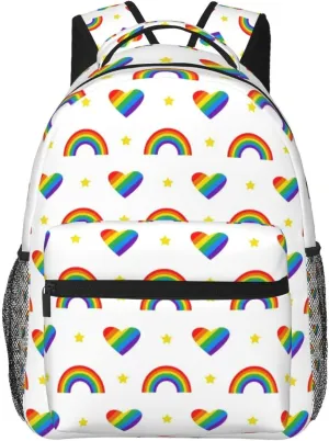 LGBT Pride Gay Love Rainbow Heart Stars Backpack Lightweight Laptop Backpack Casual Daypack Travel Double Shoulder Bag For Women Men