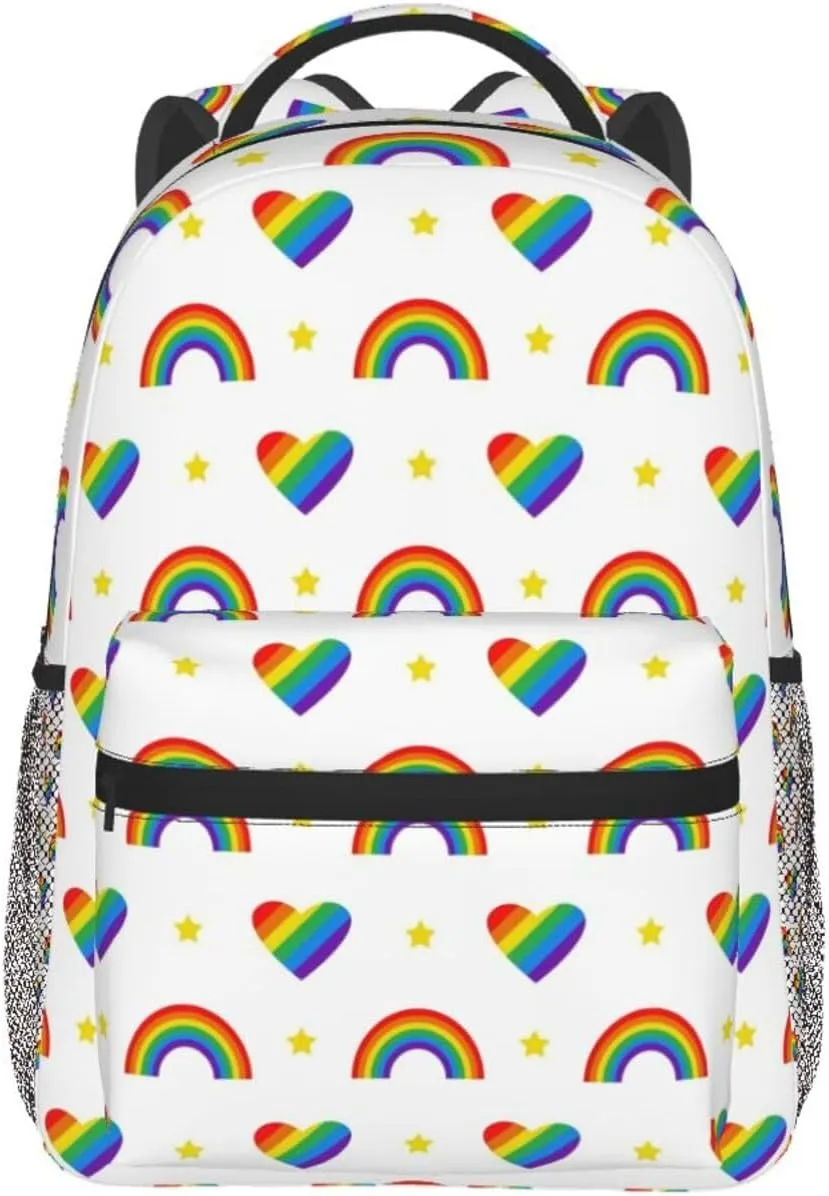 LGBT Pride Gay Love Rainbow Heart Stars Backpack Lightweight Laptop Backpack Casual Daypack Travel Double Shoulder Bag For Women Men