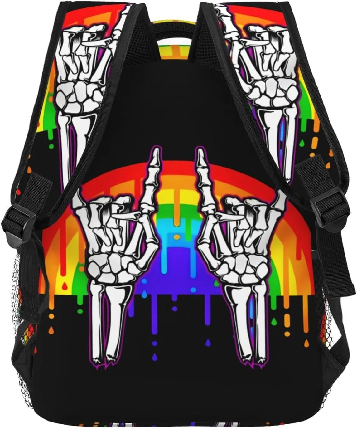 LGBT Rainbow Gay Pride Flag Rock Skeleton Skull Gesture Backpack Lightweight Laptop Backpack Casual Daypack Travel Double Shoulder Bag For Women Men
