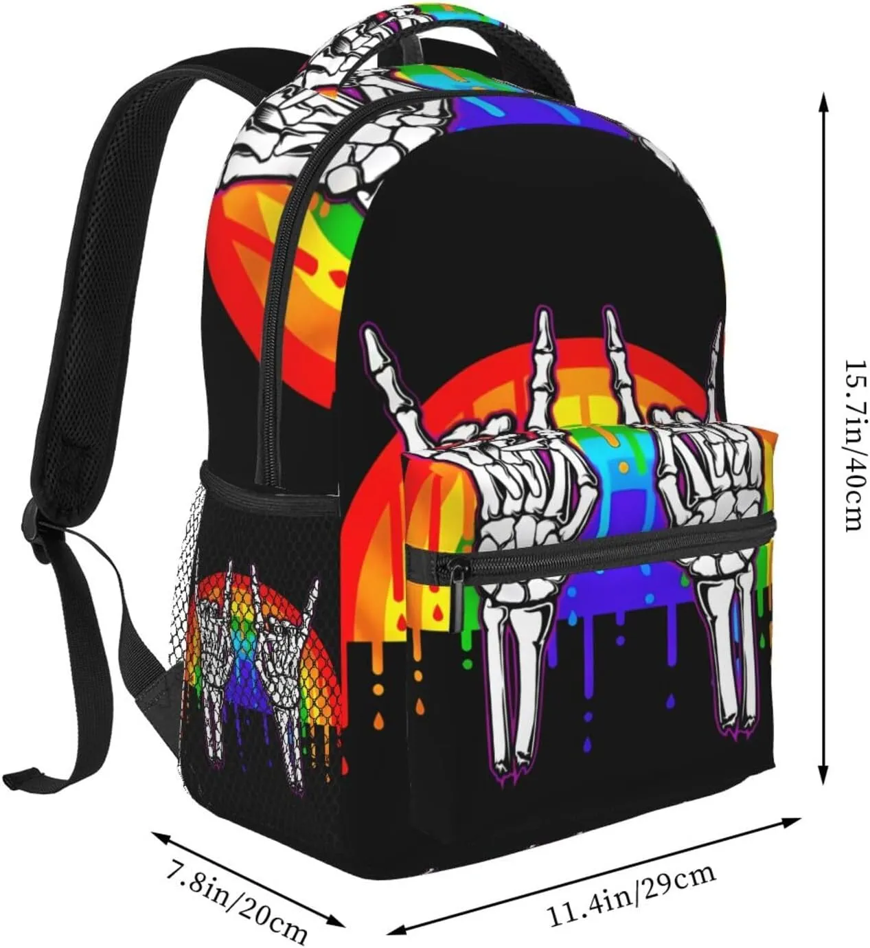 LGBT Rainbow Gay Pride Flag Rock Skeleton Skull Gesture Backpack Lightweight Laptop Backpack Casual Daypack Travel Double Shoulder Bag For Women Men