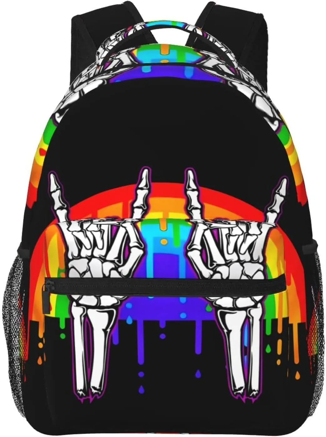 LGBT Rainbow Gay Pride Flag Rock Skeleton Skull Gesture Backpack Lightweight Laptop Backpack Casual Daypack Travel Double Shoulder Bag For Women Men