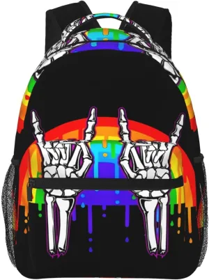 LGBT Rainbow Gay Pride Flag Rock Skeleton Skull Gesture Backpack Lightweight Laptop Backpack Casual Daypack Travel Double Shoulder Bag For Women Men