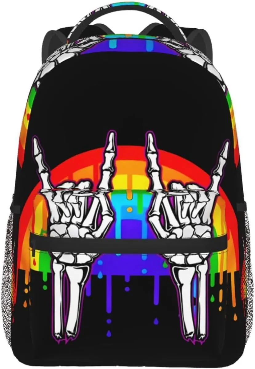 LGBT Rainbow Gay Pride Flag Rock Skeleton Skull Gesture Backpack Lightweight Laptop Backpack Casual Daypack Travel Double Shoulder Bag For Women Men