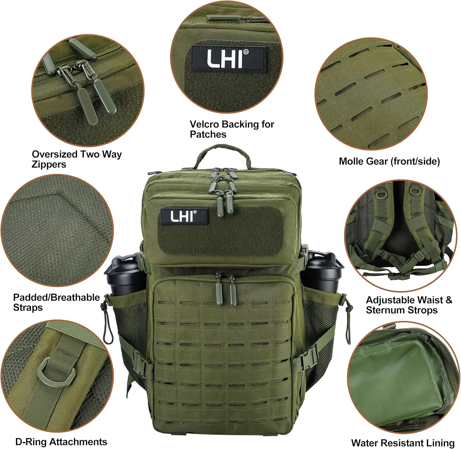 LHI Tactical Military Backpack for Men 25L/45L Large Molle Army Assault Pack 3 Day Hiking Rucksack With Bottle Holder