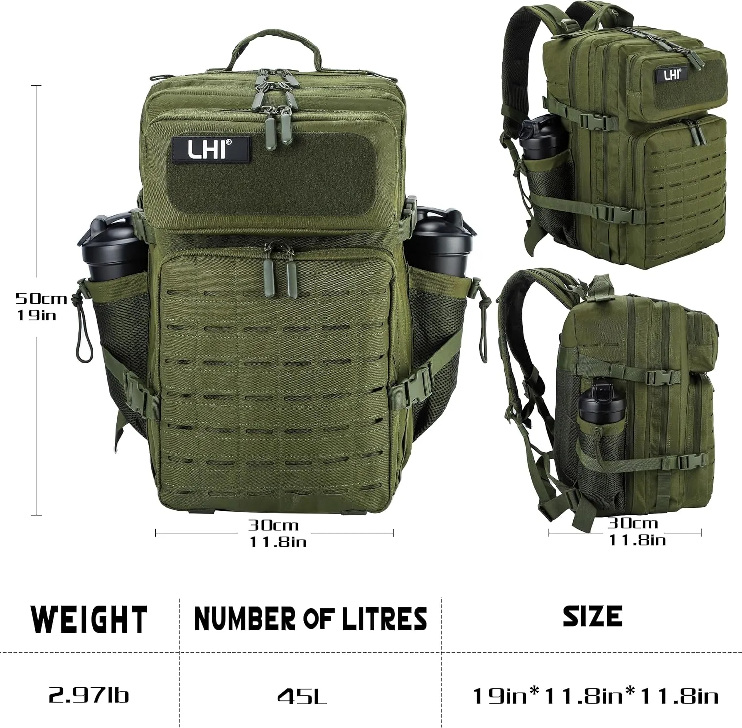LHI Tactical Military Backpack for Men 25L/45L Large Molle Army Assault Pack 3 Day Hiking Rucksack With Bottle Holder