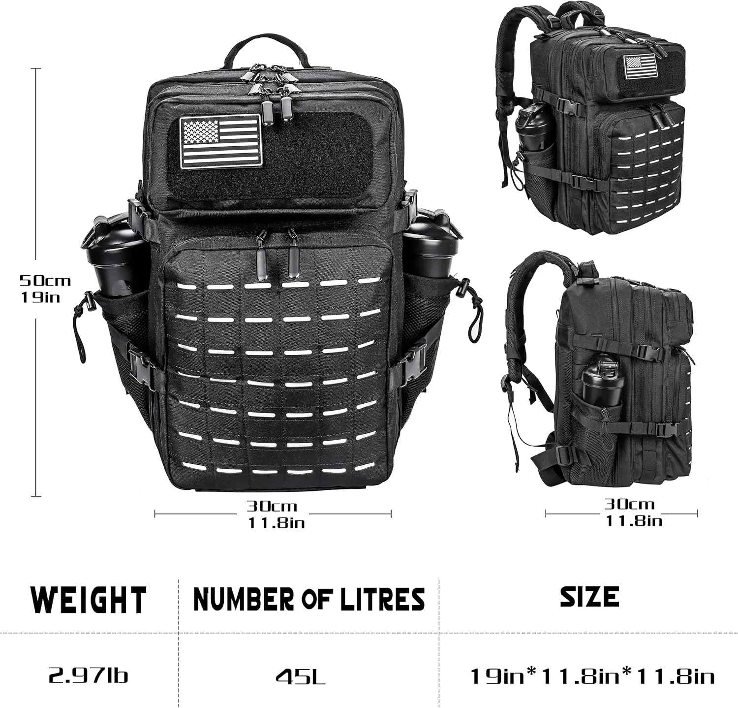 LHI Tactical Military Backpack for Men 25L/45L Large Molle Army Assault Pack 3 Day Hiking Rucksack With Bottle Holder