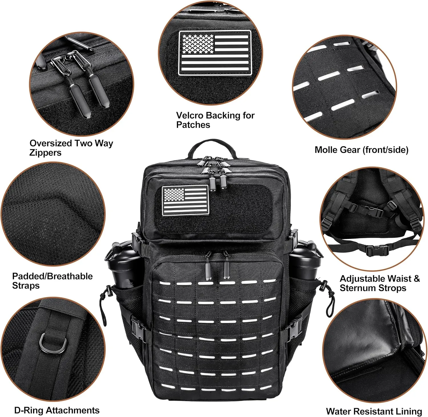 LHI Tactical Military Backpack for Men 25L/45L Large Molle Army Assault Pack 3 Day Hiking Rucksack With Bottle Holder