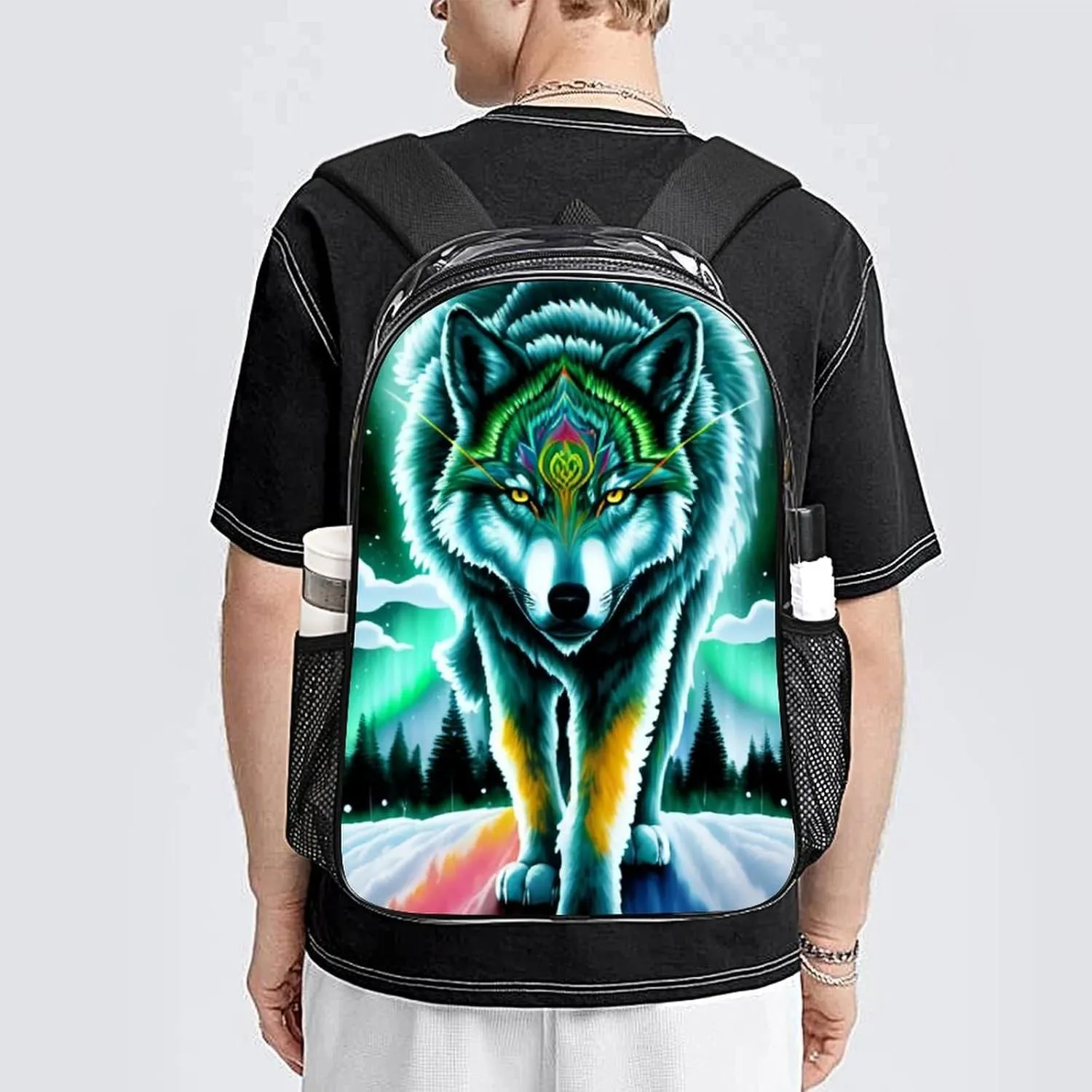 Lightweight Daypack Backpack for Sports Travel Running - Large Capacity Multipurpose Transparent Bookbag, Mountain And Northern Light Wolves Psychedelic Art Laptop Backpack Daypack