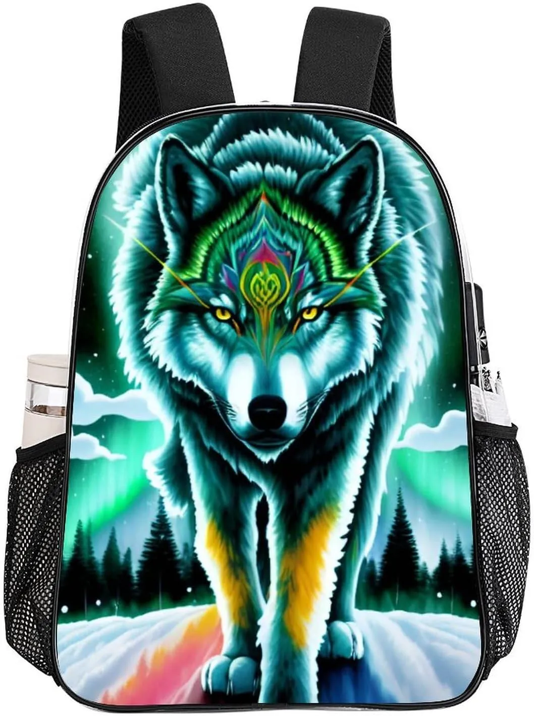 Lightweight Daypack Backpack for Sports Travel Running - Large Capacity Multipurpose Transparent Bookbag, Mountain And Northern Light Wolves Psychedelic Art Laptop Backpack Daypack