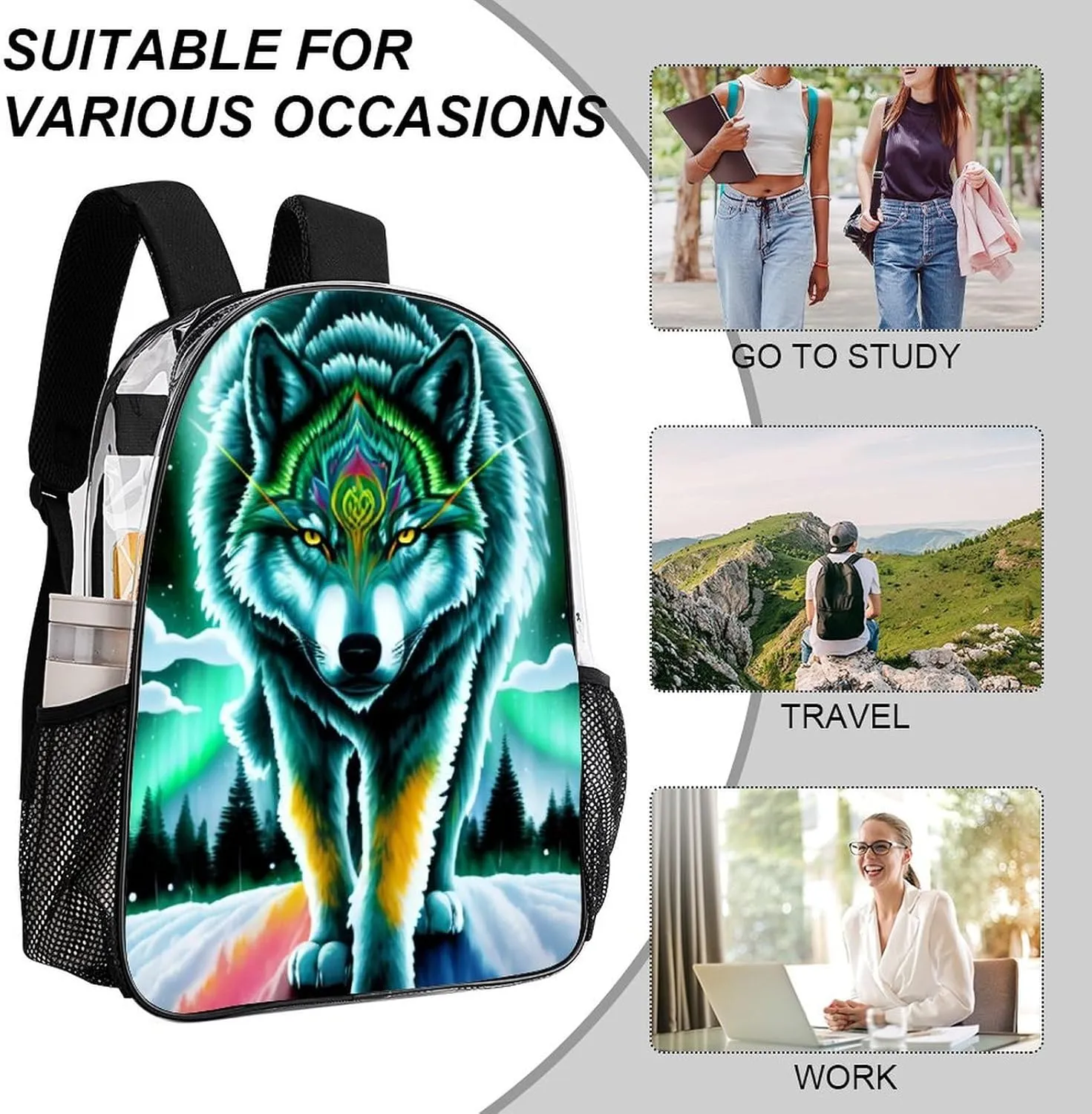 Lightweight Daypack Backpack for Sports Travel Running - Large Capacity Multipurpose Transparent Bookbag, Mountain And Northern Light Wolves Psychedelic Art Laptop Backpack Daypack