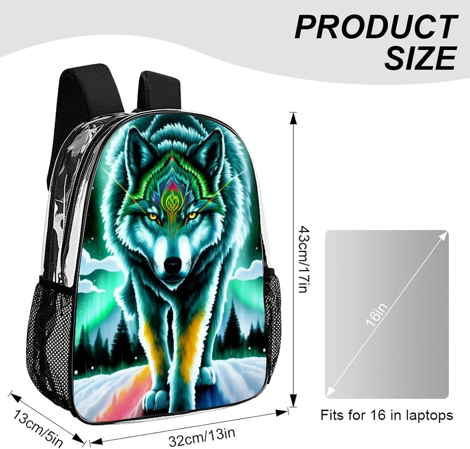 Lightweight Daypack Backpack for Sports Travel Running - Large Capacity Multipurpose Transparent Bookbag, Mountain And Northern Light Wolves Psychedelic Art Laptop Backpack Daypack