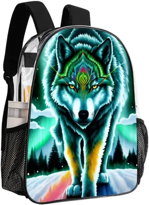 Lightweight Daypack Backpack for Sports Travel Running - Large Capacity Multipurpose Transparent Bookbag, Mountain And Northern Light Wolves Psychedelic Art Laptop Backpack Daypack