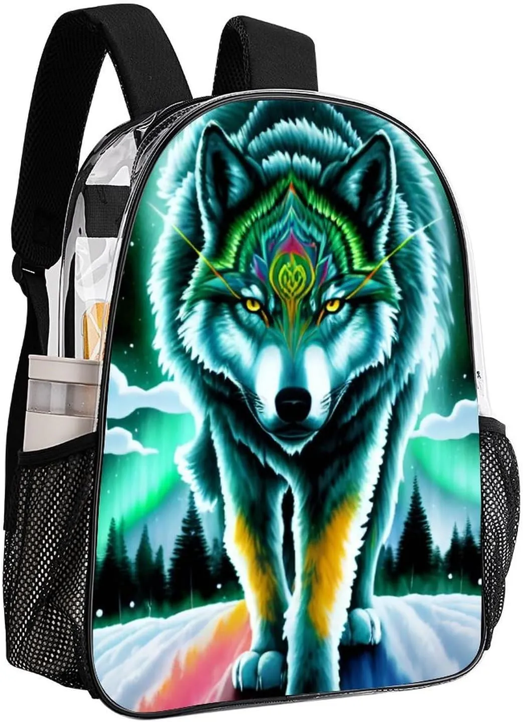 Lightweight Daypack Backpack for Sports Travel Running - Large Capacity Multipurpose Transparent Bookbag, Mountain And Northern Light Wolves Psychedelic Art Laptop Backpack Daypack