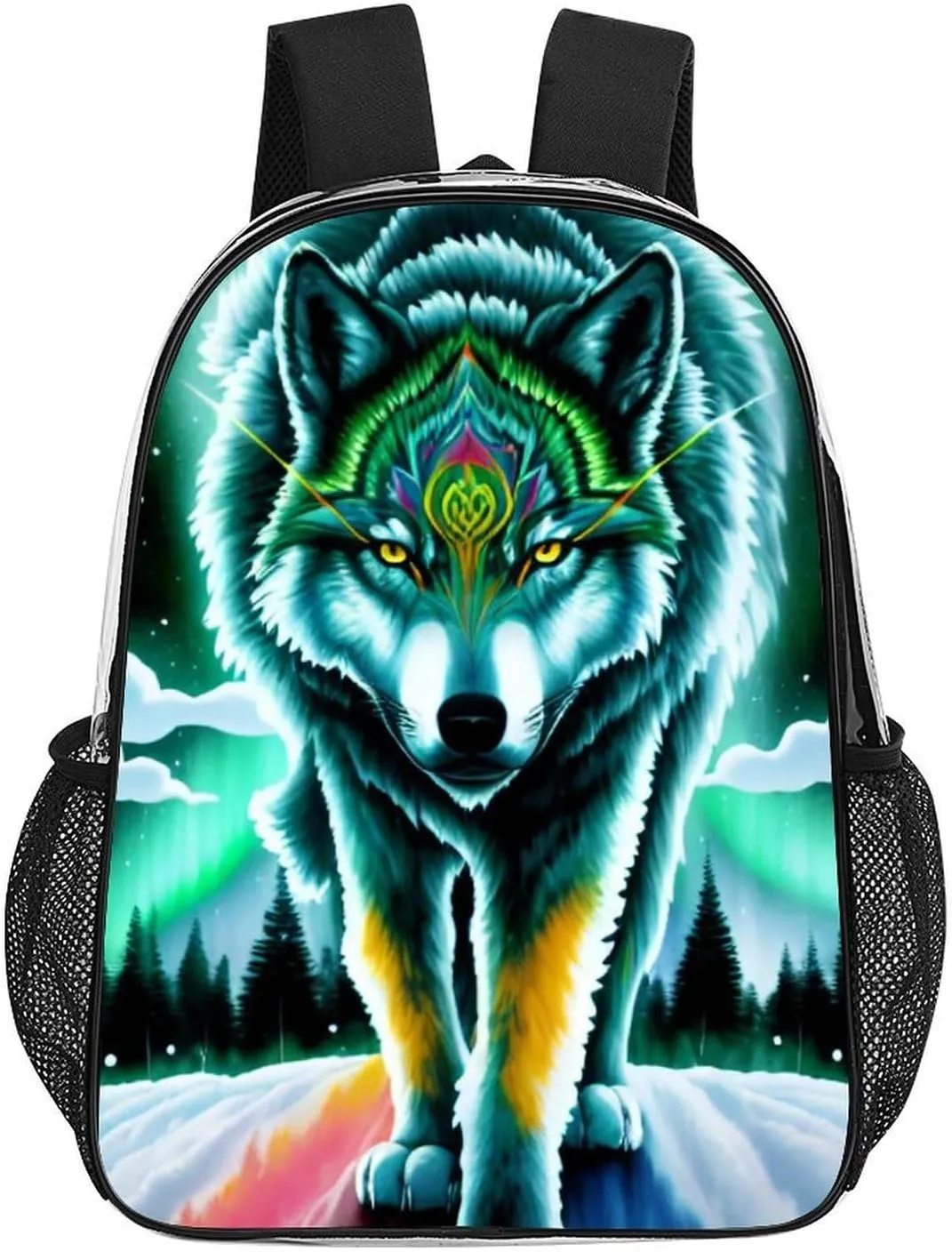 Lightweight Daypack Backpack for Sports Travel Running - Large Capacity Multipurpose Transparent Bookbag, Mountain And Northern Light Wolves Psychedelic Art Laptop Backpack Daypack