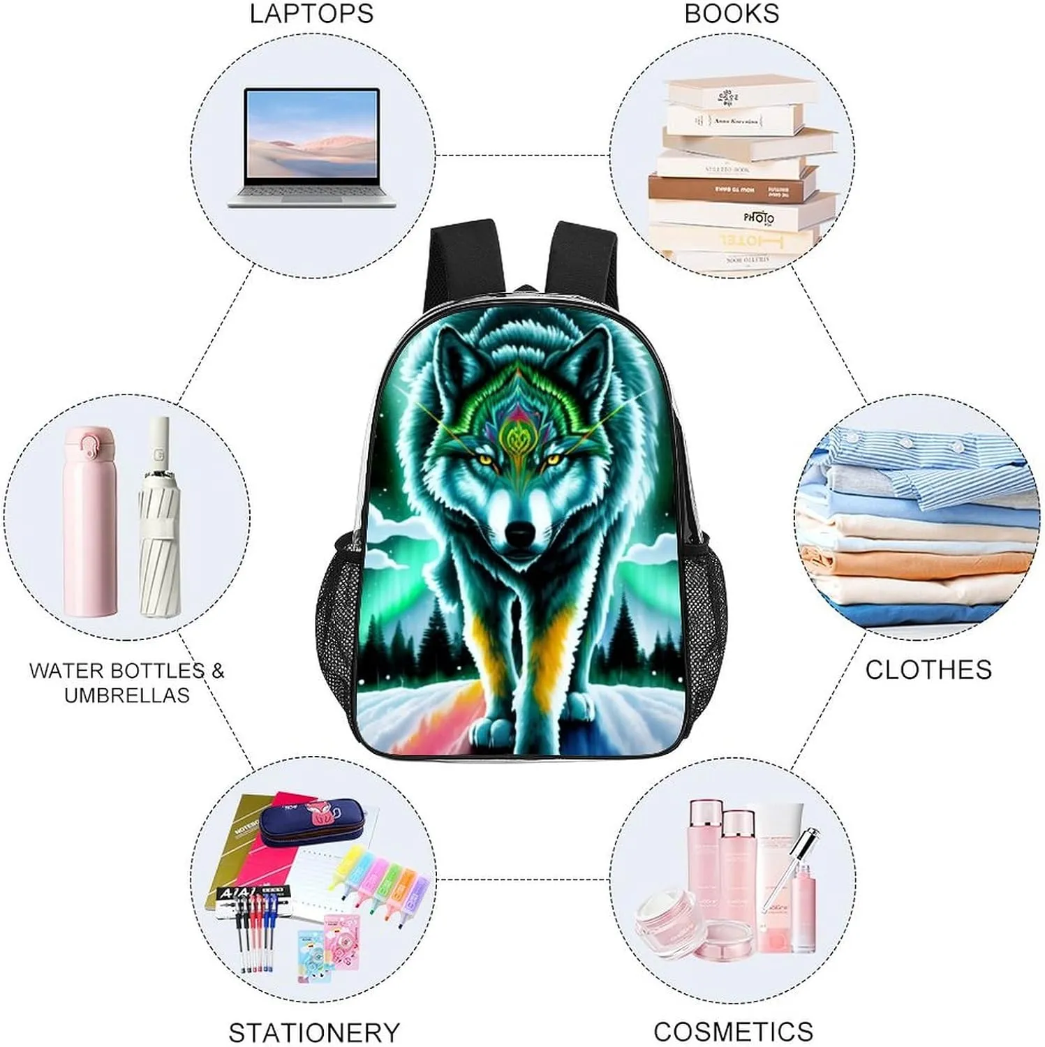 Lightweight Daypack Backpack for Sports Travel Running - Large Capacity Multipurpose Transparent Bookbag, Mountain And Northern Light Wolves Psychedelic Art Laptop Backpack Daypack