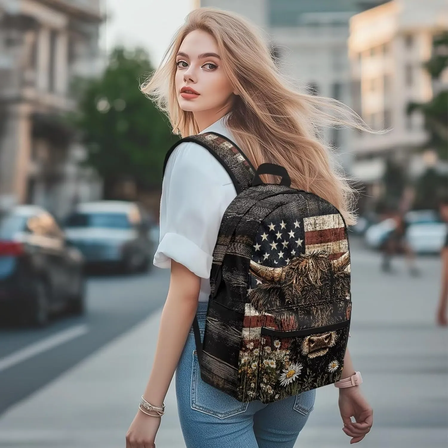 Lightweight Hiking Backpack for Men Fashion American Flag Cow Daisy Casual Outdoor Daypack Large Travel Rucksack with Adjustable Straps for Work Carry On Bag