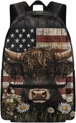 Lightweight Hiking Backpack for Men Fashion American Flag Cow Daisy Casual Outdoor Daypack Large Travel Rucksack with Adjustable Straps for Work Carry On Bag