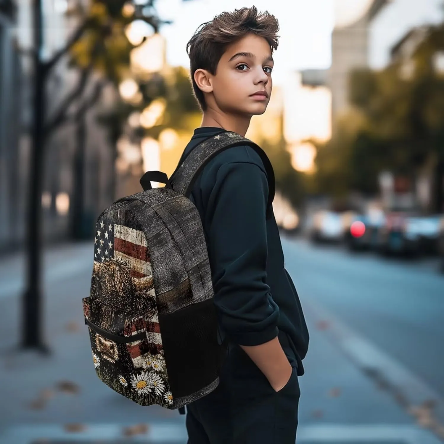 Lightweight Hiking Backpack for Men Fashion American Flag Cow Daisy Casual Outdoor Daypack Large Travel Rucksack with Adjustable Straps for Work Carry On Bag