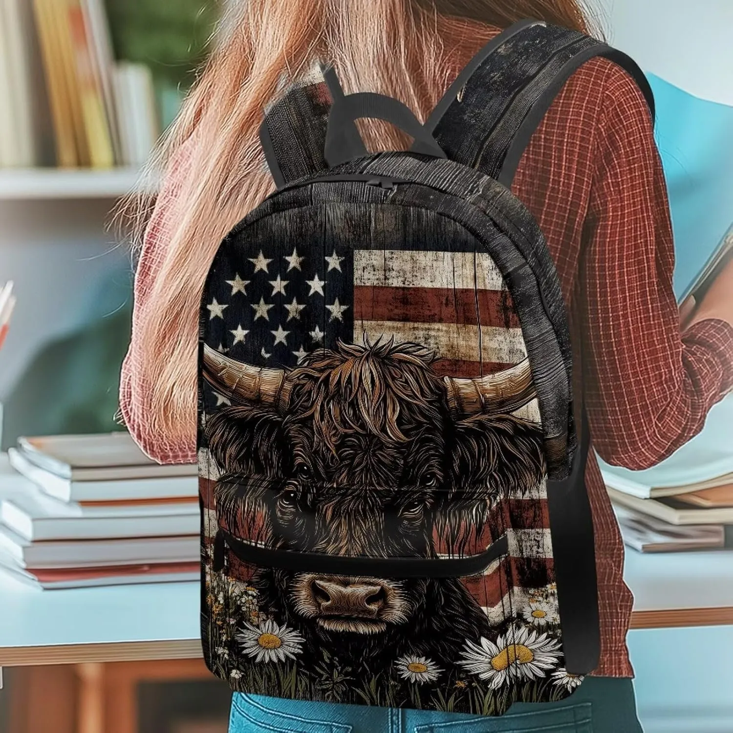 Lightweight Hiking Backpack for Men Fashion American Flag Cow Daisy Casual Outdoor Daypack Large Travel Rucksack with Adjustable Straps for Work Carry On Bag