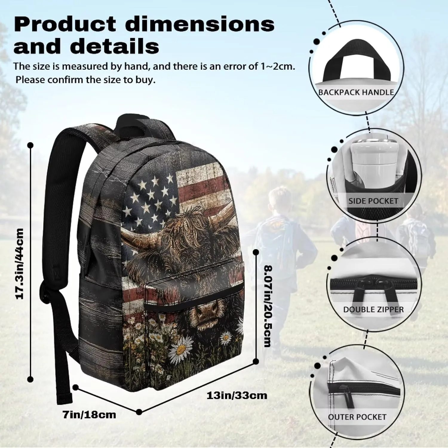 Lightweight Hiking Backpack for Men Fashion American Flag Cow Daisy Casual Outdoor Daypack Large Travel Rucksack with Adjustable Straps for Work Carry On Bag