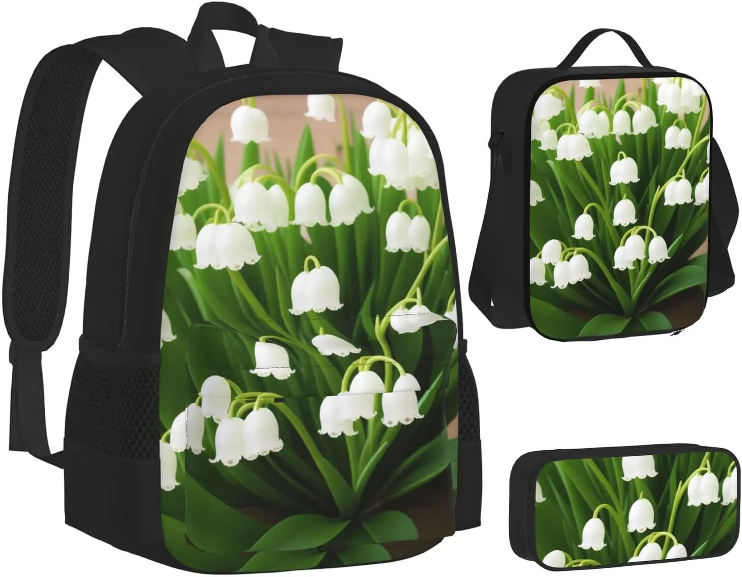 Lilies Of The Valley Three-Piece Backpack Set With Pocket Backpack Cross-Body Lunch Bag Pen Bag For Travel Daypack