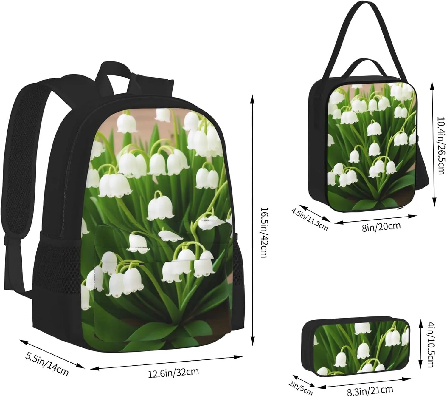Lilies Of The Valley Three-Piece Backpack Set With Pocket Backpack Cross-Body Lunch Bag Pen Bag For Travel Daypack