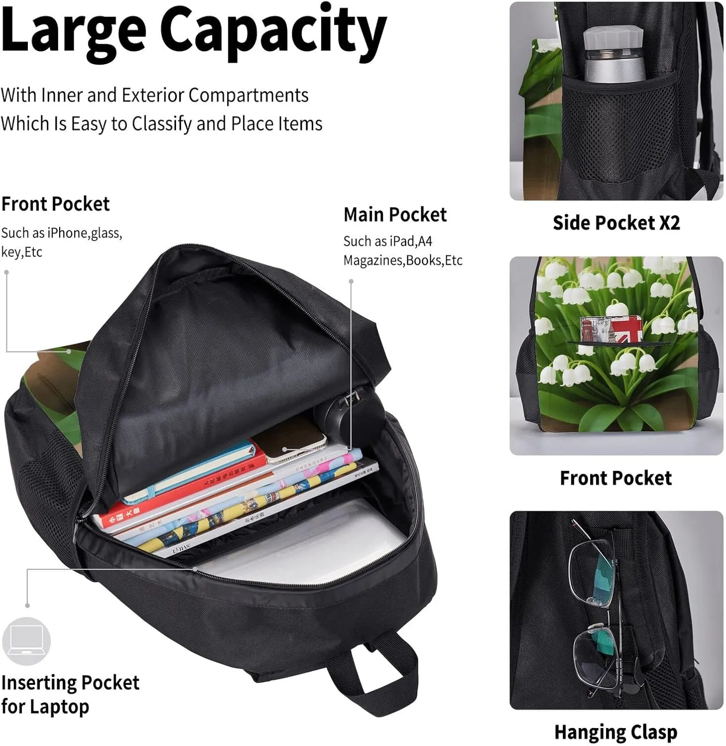 Lilies Of The Valley Three-Piece Backpack Set With Pocket Backpack Cross-Body Lunch Bag Pen Bag For Travel Daypack